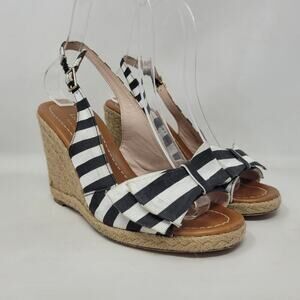 Kate Spade Sandals 6M Black White Boardwalk Espadrille Slingback Stripes Wedge